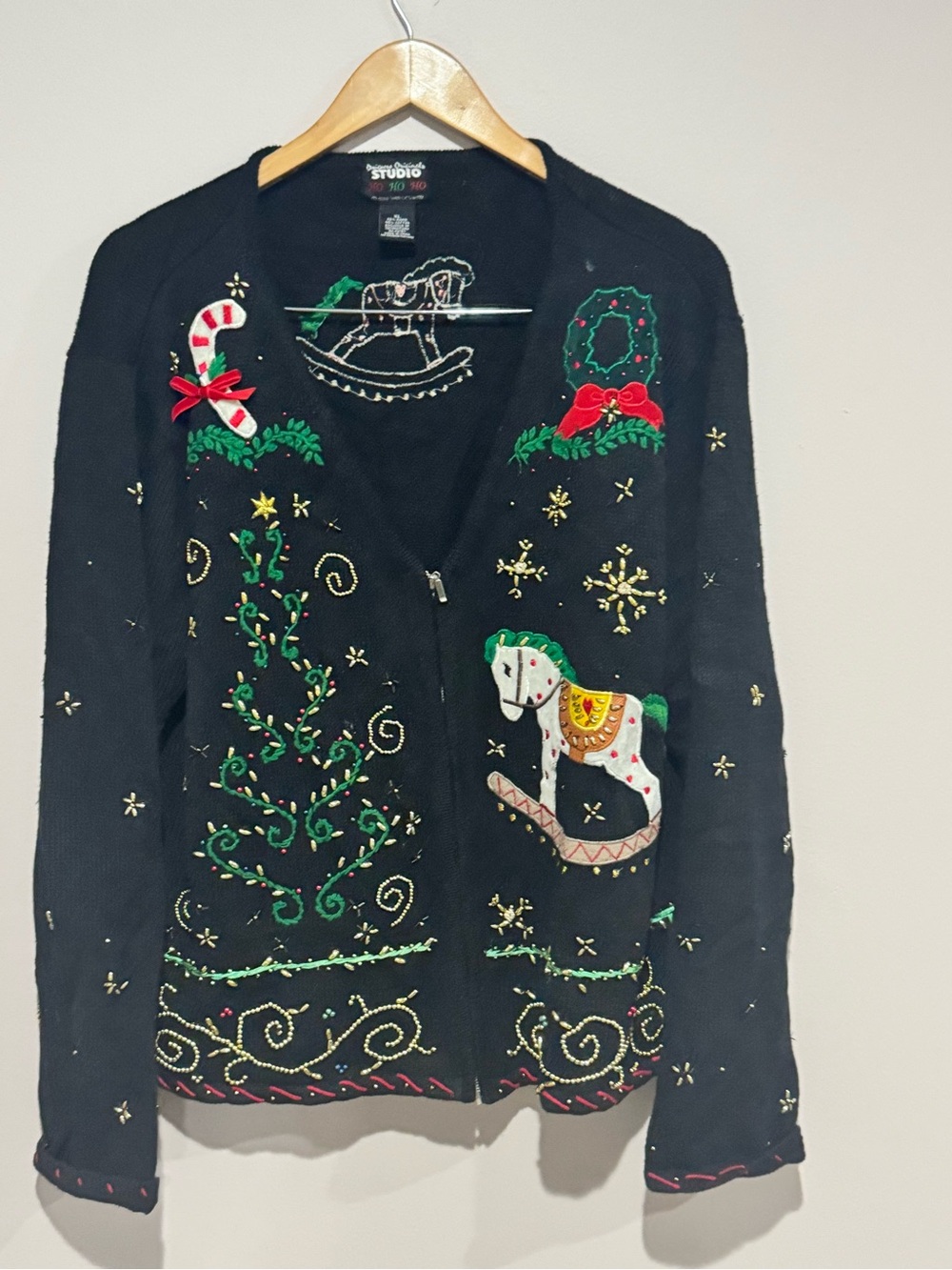 Vintage Designers Originals Studio Beaded Rocking Horse Christmas Cardigan XL